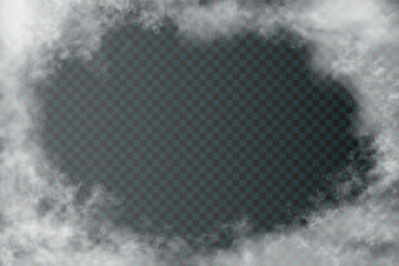 White realistic clouds around the horizontal ractangular frame with empty space for text or inscription. Vector light heaven like cloudiness or haze isolated on transparent background. 