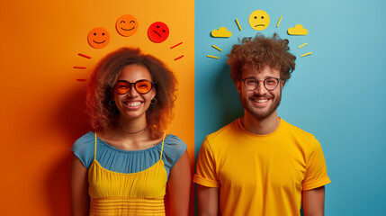 A man and a woman are standing next to each other with smiley faces on their heads - obrazy, fototapety, plakaty