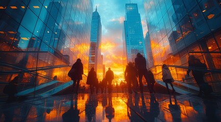 A group of urban explorers wander through a concrete jungle, their reflections glimmering in the towering skyscrapers against the dark city night