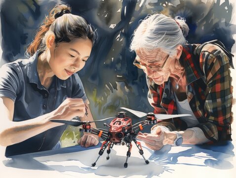 Watercolor illustration of women in STEM professions - electronics technology