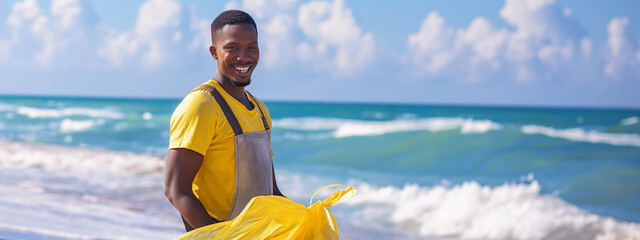 People cleaning up a beautiful beach for earth day - obrazy, fototapety, plakaty