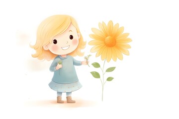 Obraz na płótnie Canvas cartoon girl with blonde hair ,holding a yellow flower and smiling,delicate pastel colors,illustration,concept of children's goods and services,design of postcards and books,festive materials