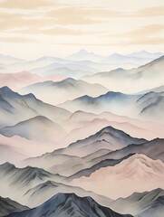 Muted Watercolor Mountain Ranges: Rolling Hills Art Featuring Watercolor Hills Near Peaks