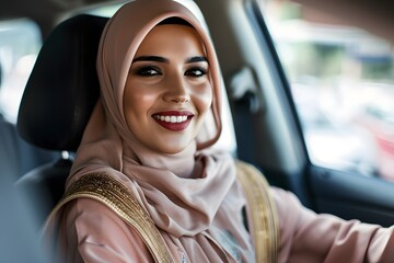 a beautiful Muslim young woman in a hijab sits in a car and smiles sweetly,the concept of combating discrimination,the success and independence of Muslim women,cultural diversity - obrazy, fototapety, plakaty