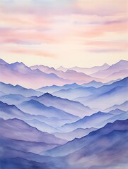 Muted Twilight Watercolor Mountain Ranges: Dusk Landscape