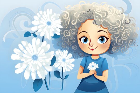 little girl with light curly hair,in blue monochrome dress next to white flowers,blue and white color scheme,digital illustration,concept of children's goods and services,design of postcards and books