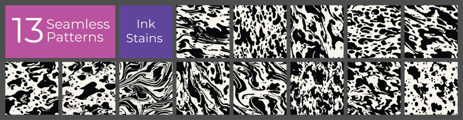 Ink splatter seamless pattern set. Black paint splat abstract background.