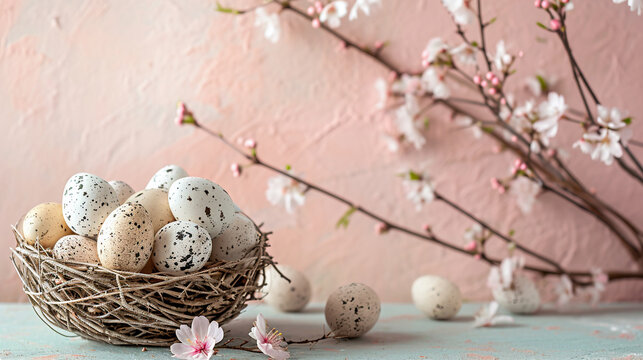 Front view easter image of eggs in bird nest. Gentle peach background.  Orthodox easter celebration concept. For design, banner, poster, menu, print, poster, interior, flyer. With copy space for text