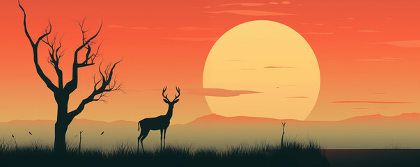 Deer silhouette on beautiful sunset landscape, illustration generated by ai