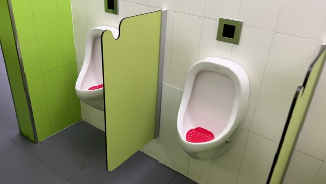 Rows of modern urinals with a sensor WC flush in a public men's room
