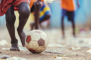 Fototapeta premium African children playing soccer at street. Black boys having fun in poor village. Cropped image of legs kicking ball
