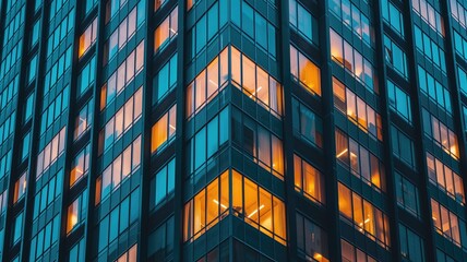 Close-up of a modern building's exterior with illuminated windows at dusk