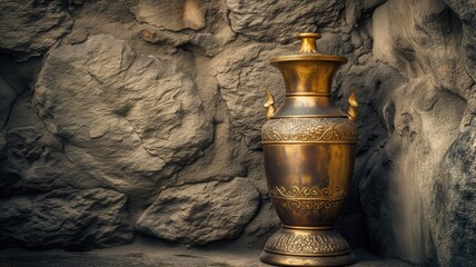 A vintage brass pitcher with intricate engravings is set against a textured stone wall, capturing a...