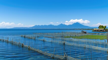 Fish farming nets in a lake with a mountain view