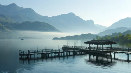 Poster Serene lake landscape with a jetty and mountains in the background, conveying tranquility and natural beauty during early morning haze © Artyom