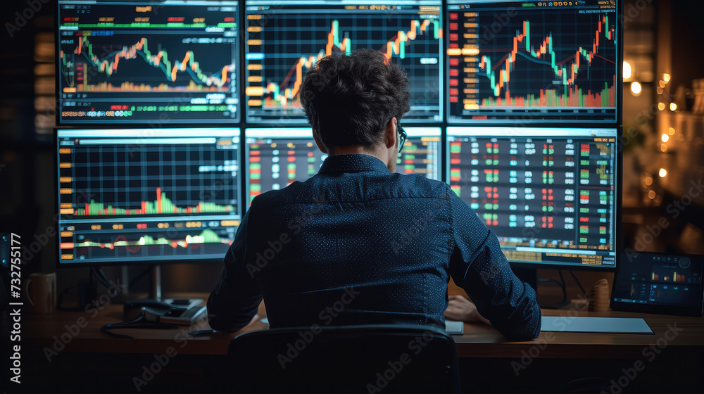 Poster A man facing towards his computer screen and trading the stock market, with multiple displays in his front with all candlestick chart. Generative AI.