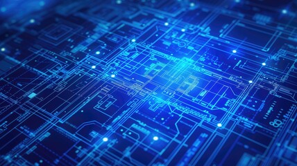 Obraz premium Close-up of a blue circuit board with glowing lines indicating pathways for electrical currents