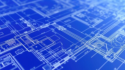 Blue architectural blueprint with detailed plans and layouts, showcasing intricate design and planning