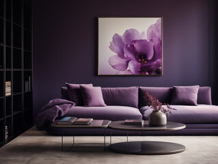 Modern living room space, modern interior design, monochromatic purple color scheme