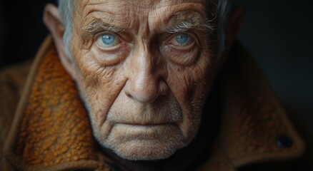 Deeply etched lines on his weathered skin tell the story of a lifetime, as piercing eyes and a furrowed brow reveal the wisdom and resilience of this aged man