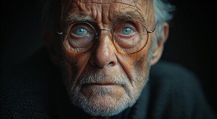 A wise, weathered man gazes intently at the viewer, his blue eyes and round glasses revealing a lifetime of experiences etched onto his wrinkled face