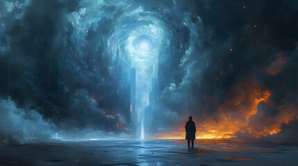 Obraz premium The lost mind as a vast, dark abyss, with flickering lights representing fleeting thoughts