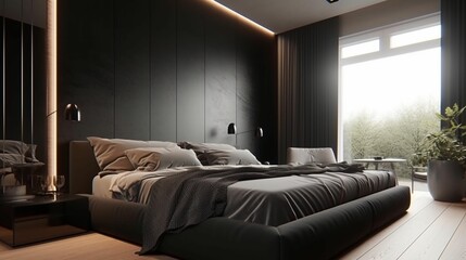 Luxurious bedroom features elegant furnishings, creating an inviting atmosphere. AI-generated.