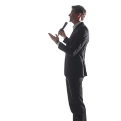 Obraz premium Side profile of businessman public speaking with microphone