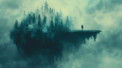 A lost mind as an ethereal landscape, shrouded in mist and scattered with fragments of memories like floating islands