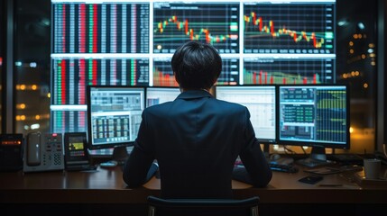Japanese man is monitoring stock prices. Generative AI. - obrazy, fototapety, plakaty