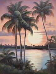 Palm Beach Twilight Scene: Vintage Painting and Nature Artwork