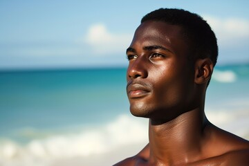 Handsome african american man posing on the beach. Summer time