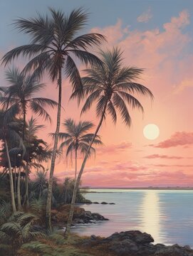 Vintage Palm Beach Twilight Scene Nature Artwork - A Captivating Digital Painting