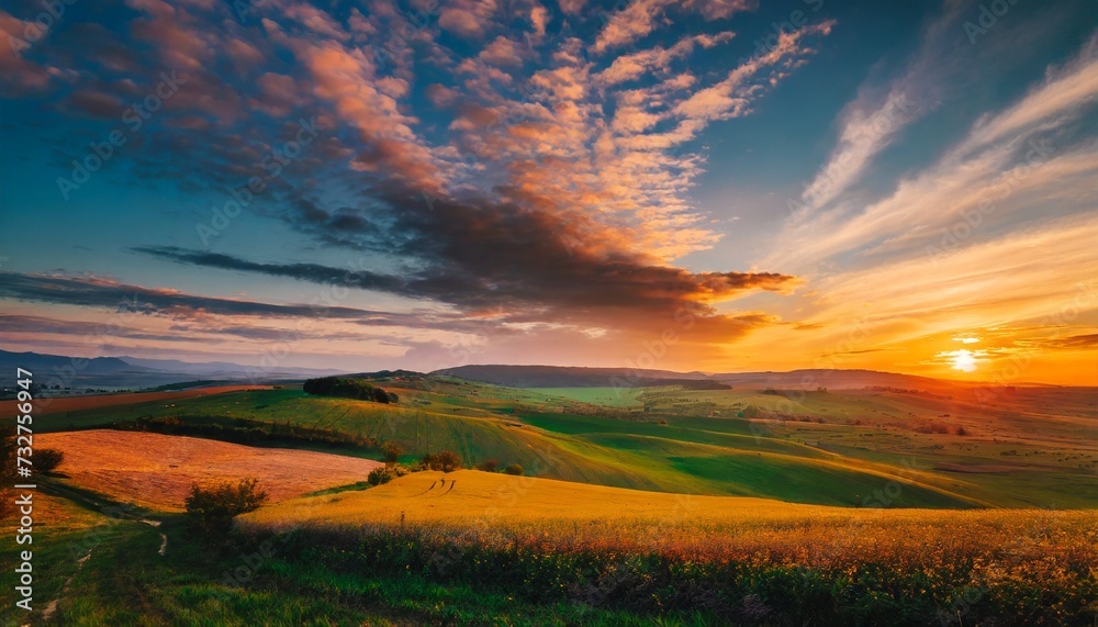 Wall mural sunset over the field captivating 4k time lapse majestic sunrise sunset landscape with stunning natu