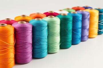 Colorful sewing threads on white background