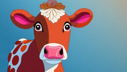 red cow head with cute eyes and pink nose lovely and innocent on a blue background