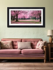 Panoramic Meadow View: Cascading Cherry Blossom Petals, Nature Art