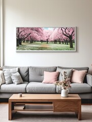 Cascading Cherry Blossom Petals: Panoramic Nature Art - Meadow View
