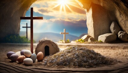 crucifixion and resurrection empty tomb of jesus with crosses in the background easter or resurrection concept he is risen