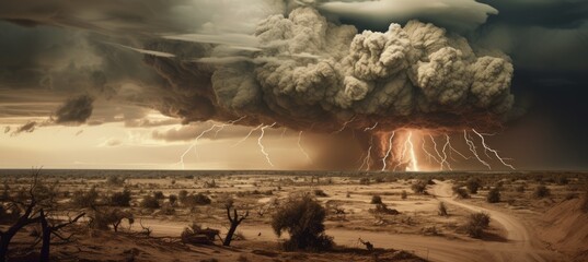 Extreme long-shot outdoor daytime color photograph of a bleak desert landscape with scrub vegetation during a storm with multiple lightning strikes. From the series “North Dakota."