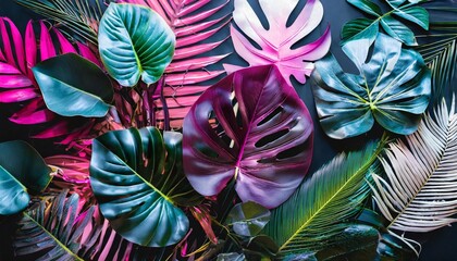 creative fluorescent color layout made of tropical leaves flat lay neon colors nature concept