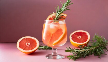 cold grapefruit cocktail decorated twig rosemary and slice citrus closeup on pink background