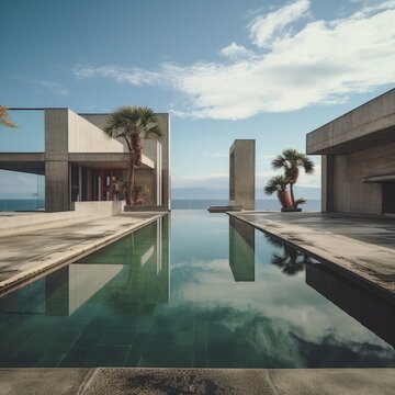 Realistic outdoor color photograph of a still infinity pool reflecting the sky in the open courtyard of a brutalist concrete building, ocean vista background. From the series “Abstract Architecture."