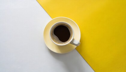 top view of coffee cup on yellow and white background