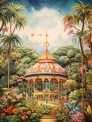 Fototapeta na wymiar Vintage Fair: Whimsical Carousel Rides in a Panoramic Landscape Print - A Magical Nature Scene
