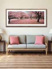 Panoramic Meadow View: Cherry Blossom Petals Cascade in Nature Art Print