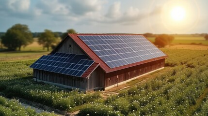 A solar cell roof system on a large barn on the farm. Generative AI.