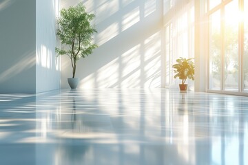Abstract blurred interior with large sunny windows and white walls, coffee room or office background