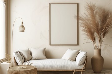 Frame mockup interior in beige colors with side view and glas