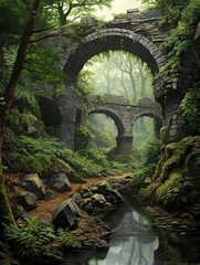 Panoramic Landscape Print: Old World Cobblestone Bridges and Serene Nature Artwork